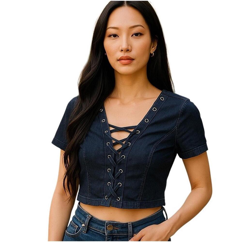 Vtg Guess Jeans Y2K Women's Sleeveless Stretch Denim Crop Top Bustier Sz Large